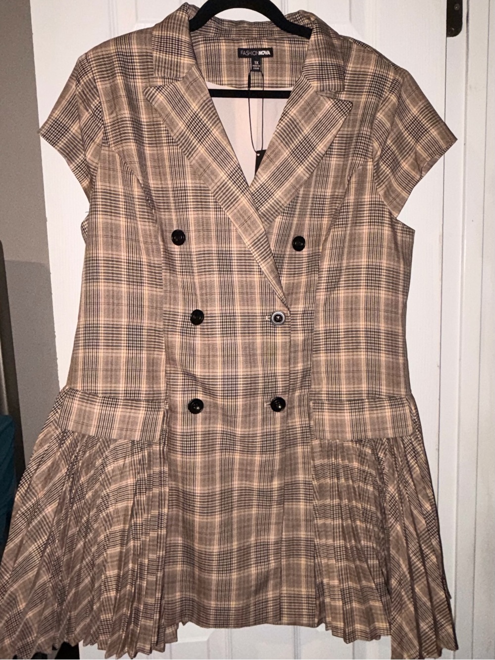 Fashion Nova Tan Plaid Double-Breasted Mini Dress
